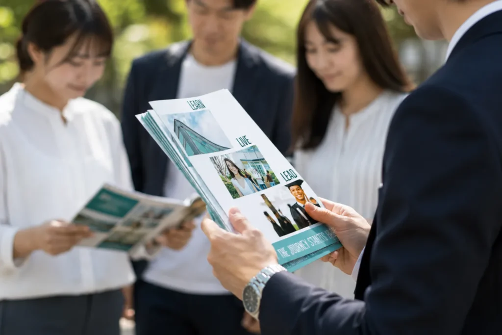 チラシやパンフレットを手に取って確認する日本人の男女
