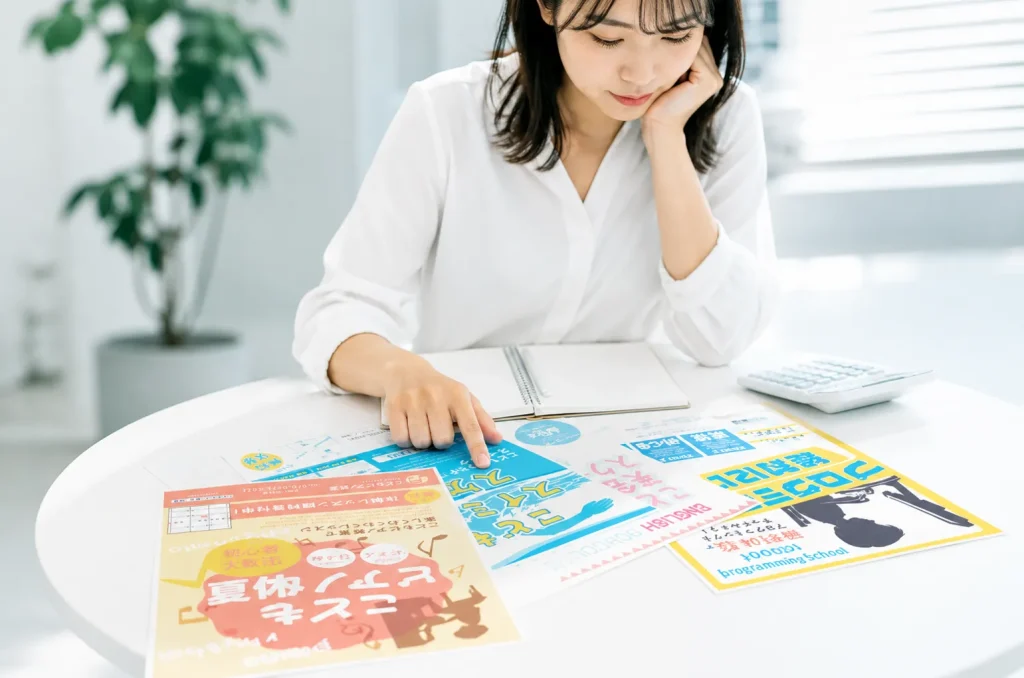 チラシや広告を見ながら内容を確認する日本人女性